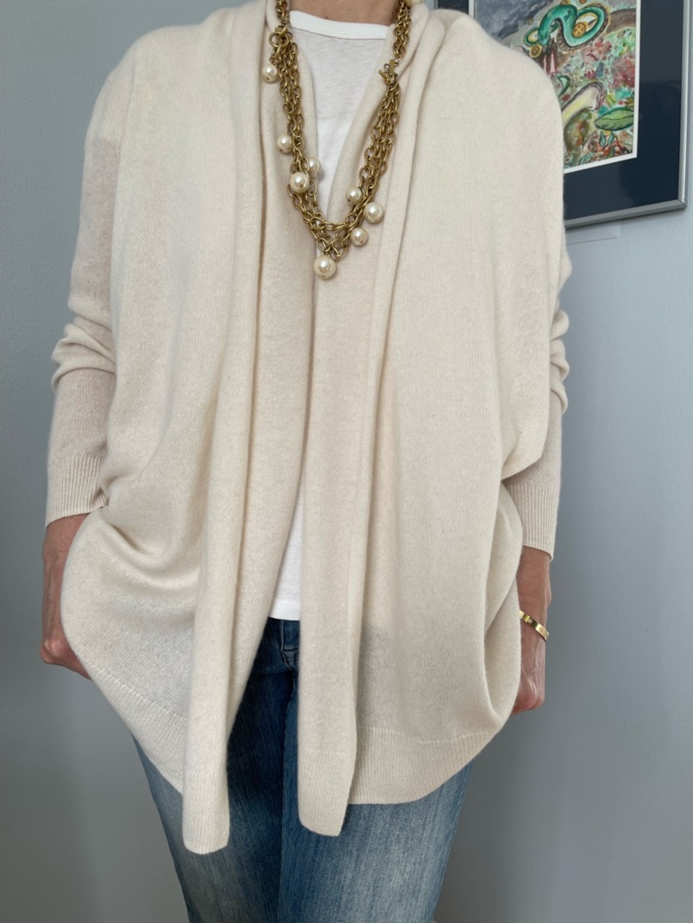 C by Bloomingdale's Cashmere Open-Front Cardigan WHITE L